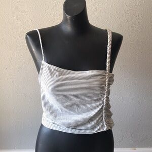 Zara White Black stripe Asymmetrical Braided Sleeve Tank Top Ruching